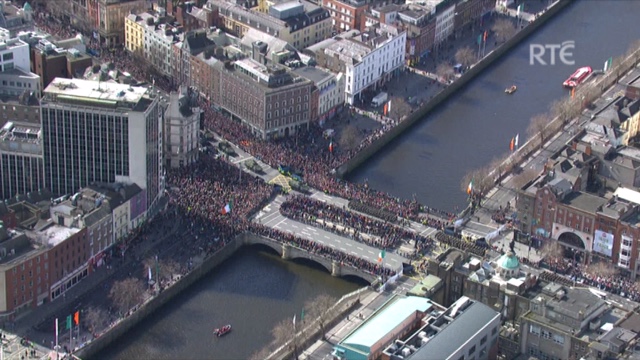 RTE Aerial footage of the 1916 State Commemorations on Easter Sunday of the parade crossing O'Connell Bridge in Dublin.